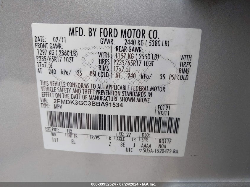 2011 Ford Edge Se VIN: 2FMDK3GC3BBA91534 Lot: 39952524