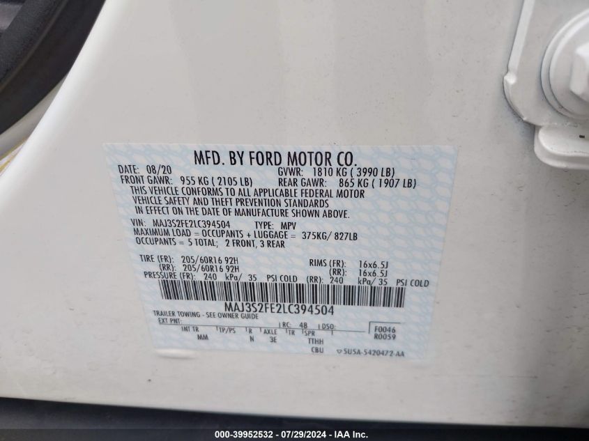 2020 Ford Ecosport S VIN: MAJ3S2FE2LC394504 Lot: 39952532