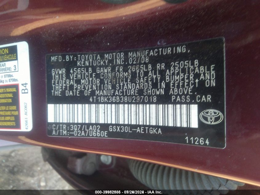 4T1BK36B38U297018 2008 Toyota Avalon Xls