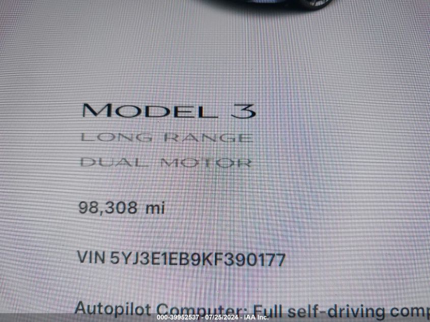 2019 Tesla Model 3 Long Range/Performance VIN: 5YJ3E1EB9KF390177 Lot: 39952537