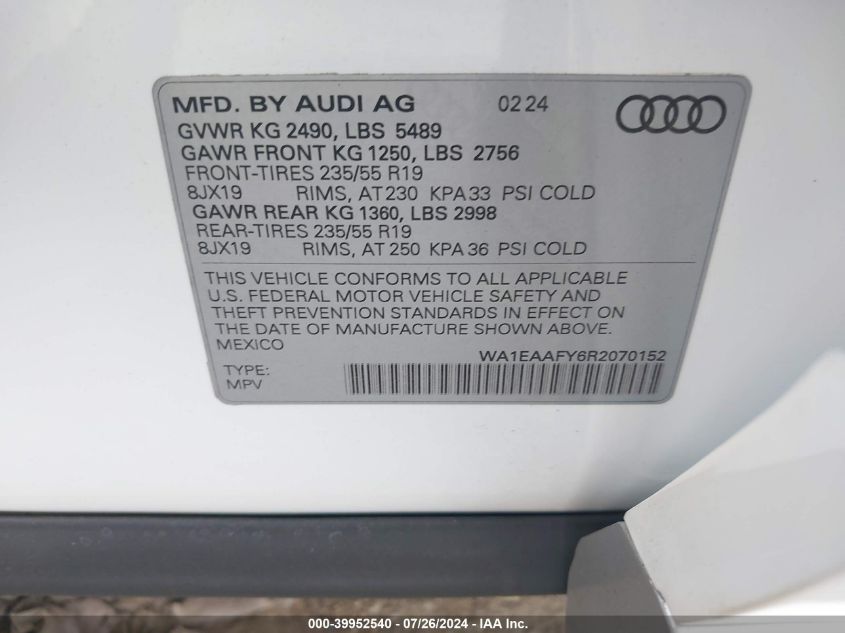 2024 Audi Q5 Premium Plus 45 VIN: WA1EAAFY6R2070152 Lot: 39952540