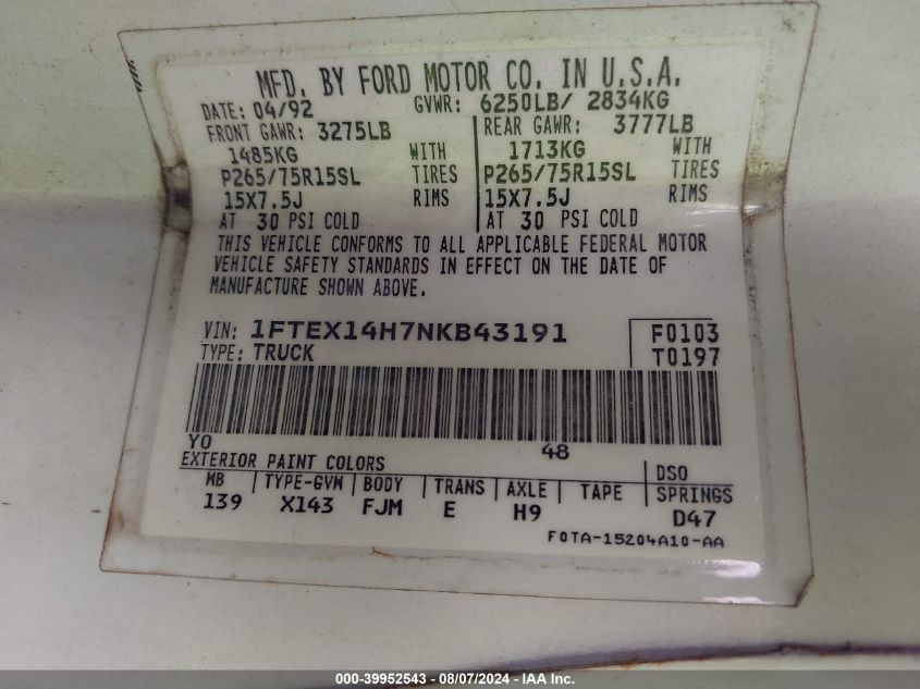 1992 Ford F150 VIN: 1FTEX14H7NKB43191 Lot: 39952543