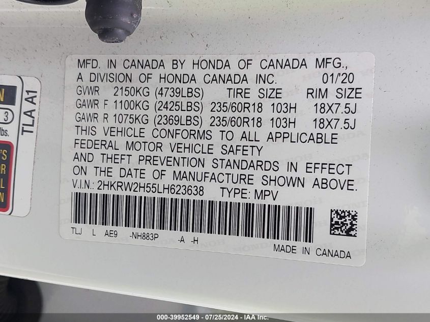 2020 Honda Cr-V Awd Ex VIN: 2HKRW2H55LH623638 Lot: 39952549