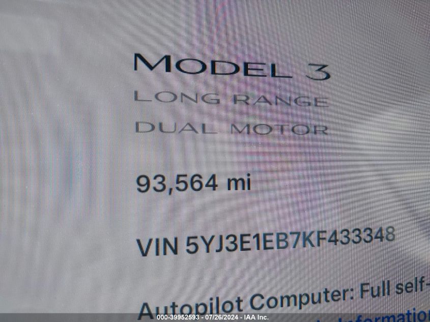 2019 Tesla Model 3 Long Range/Performance VIN: 5YJ3E1EB7KF433348 Lot: 39952593