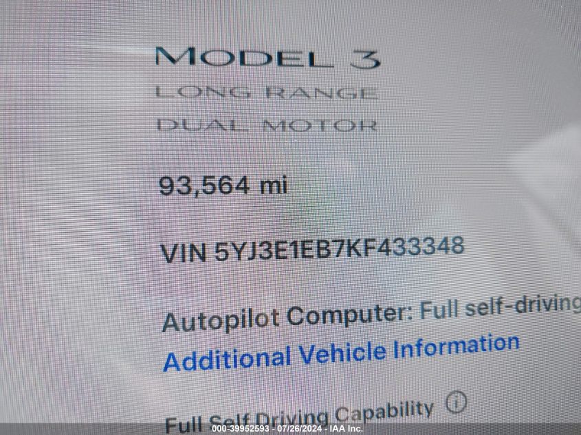 5YJ3E1EB7KF433348 2019 Tesla Model 3 Long Range/Performance