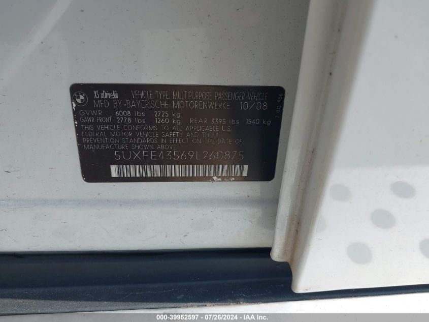 2009 BMW X5 xDrive30I VIN: 5UXFE43569L260875 Lot: 39952597