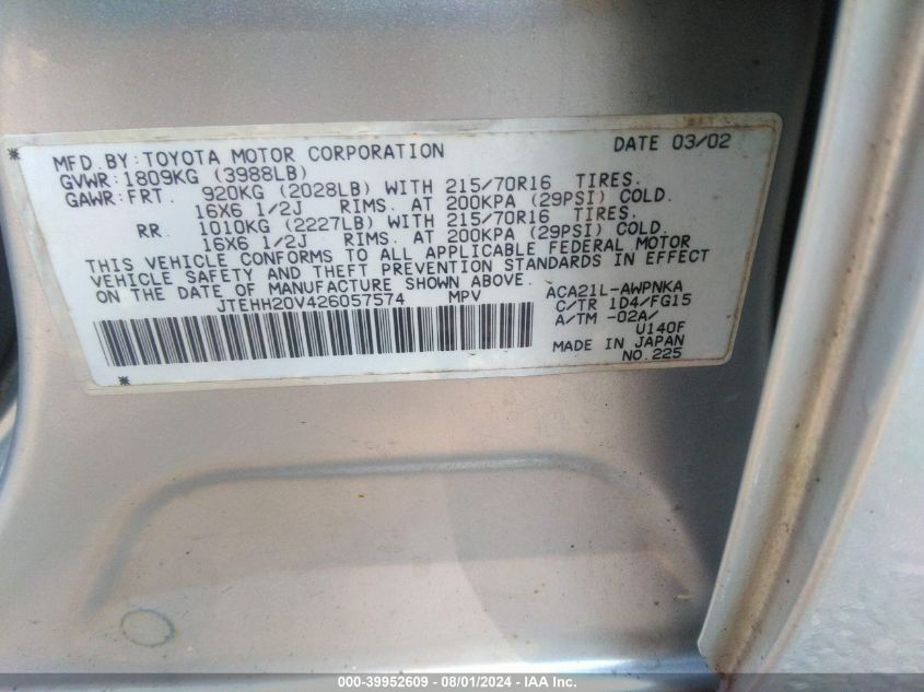 2002 Toyota Rav4 VIN: JTEHH20V426057574 Lot: 39952609