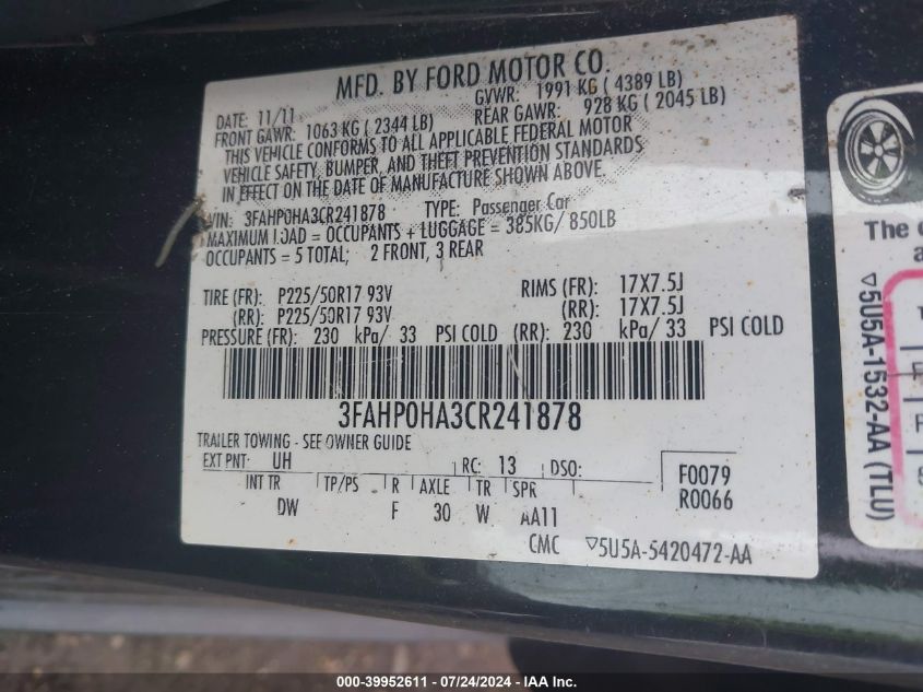 2012 Ford Fusion Se VIN: 3FAHP0HA3CR241878 Lot: 39952611