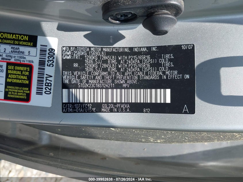 2008 Toyota Sienna Ce/Le VIN: 5TDZK23C18S124211 Lot: 39952638