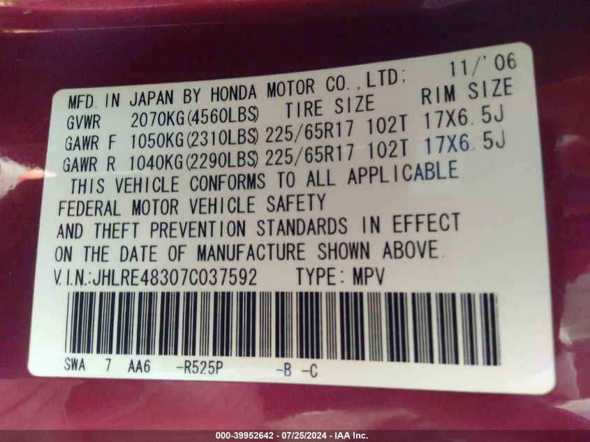 2007 Honda Cr-V Lx VIN: JHLRE48307C037592 Lot: 39952642