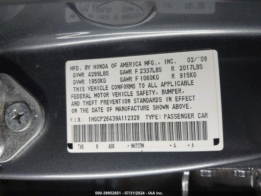 2009 Honda Accord 2.4 Lx-P VIN: 1HGCP26439A112329 Lot: 39952651