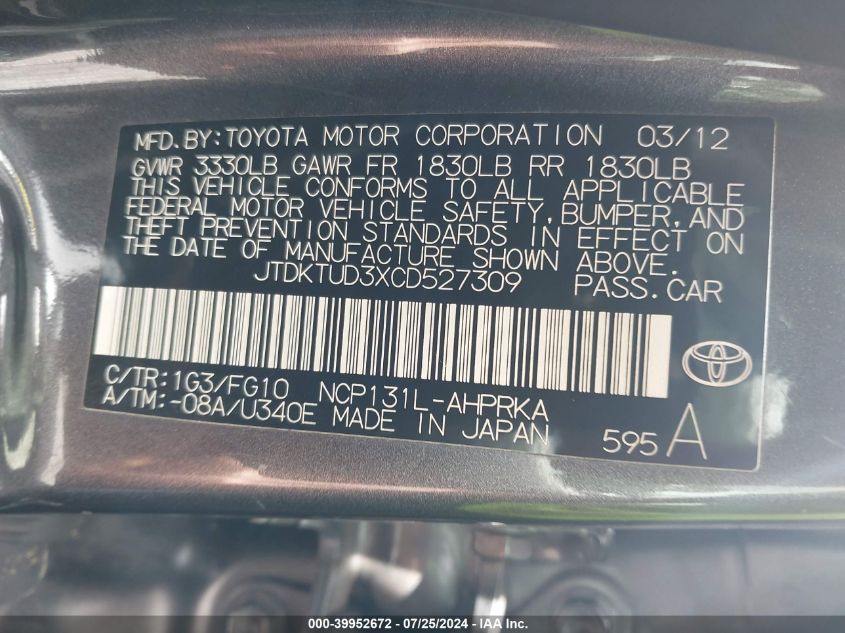 2012 Toyota Yaris Le VIN: JTDKTUD3XCD527309 Lot: 39952672