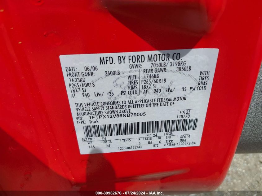 2006 Ford F-150 Lariat/Xl/Xlt VIN: 1FTPX12V86NB79005 Lot: 39952676