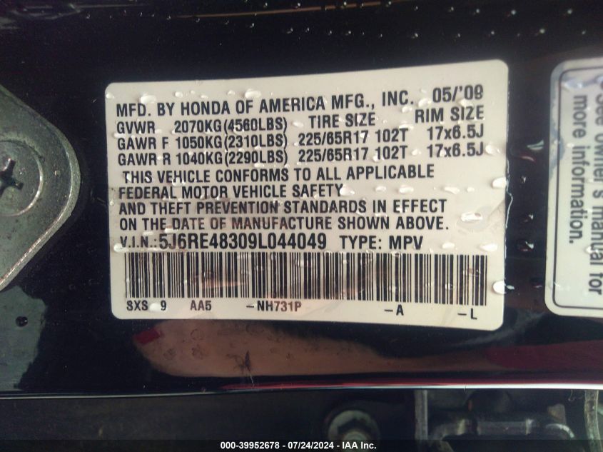 2009 Honda Cr-V Lx VIN: 5J6RE48309L044049 Lot: 39952678