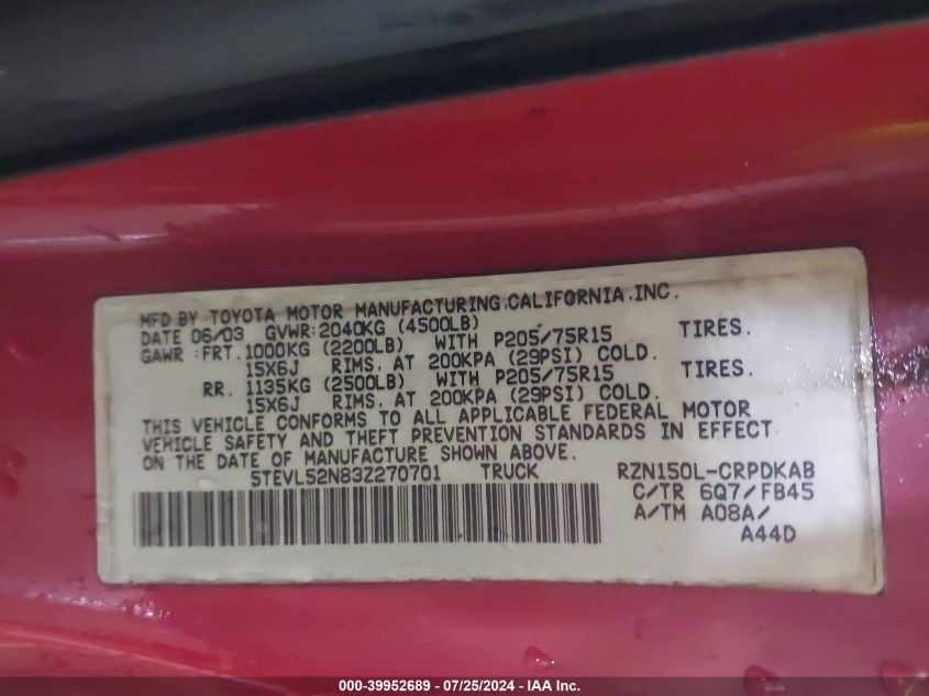 2003 Toyota Tacoma VIN: 5TEVL52N83Z270701 Lot: 39952689
