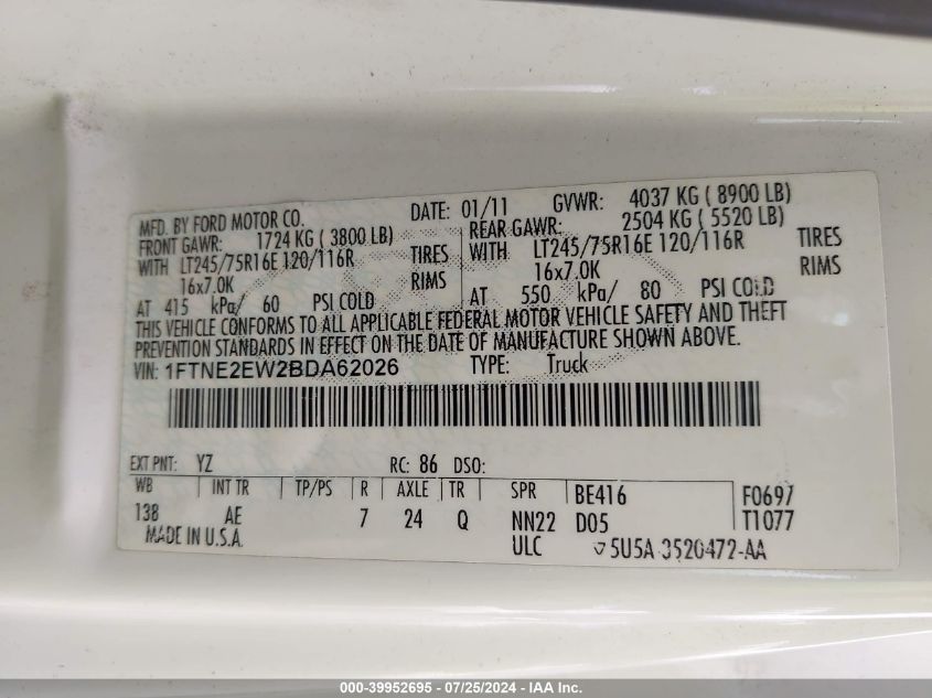 2011 Ford E-250 Commercial VIN: 1FTNE2EW2BDA62026 Lot: 39952695