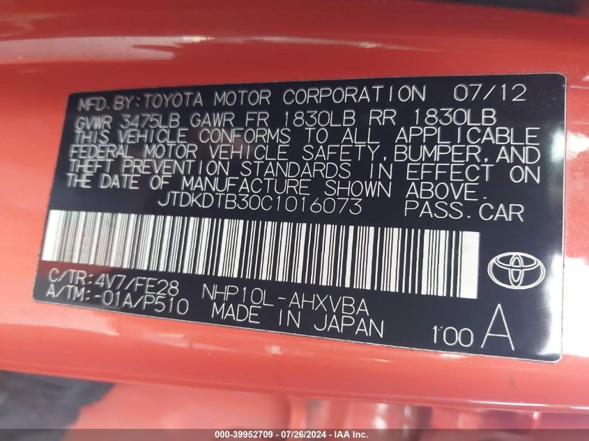 2012 Toyota Prius C Four/One/Three/Two VIN: JTDKDTB30C1016073 Lot: 39952709