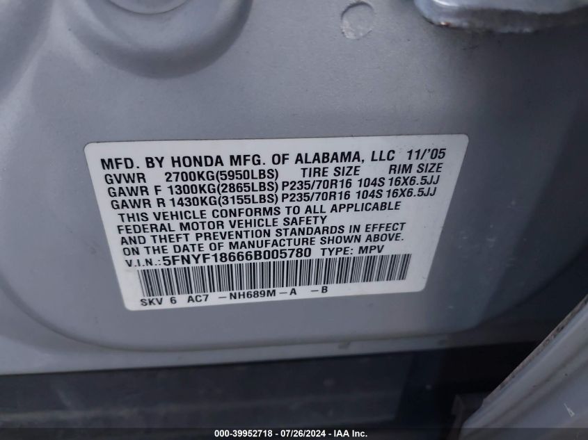 2006 Honda Pilot Ex-L VIN: 5FNYF18666B005780 Lot: 39952718