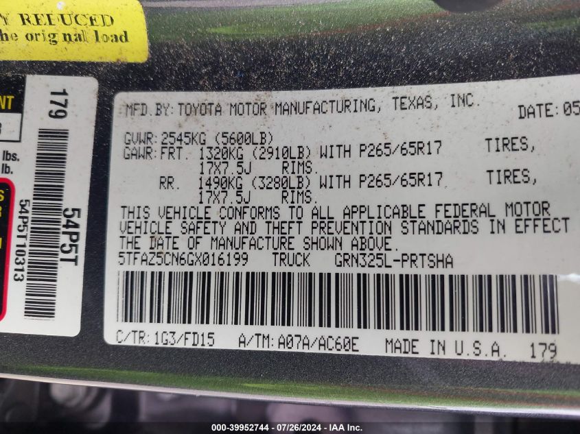 2016 Toyota Tacoma Trd Sport VIN: 5TFAZ5CN6GX016199 Lot: 39952744