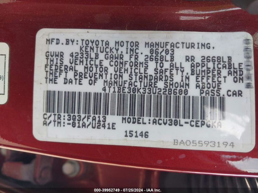 2003 Toyota Camry Le/Xle/Se VIN: 4T1BE30K33U228600 Lot: 39952749