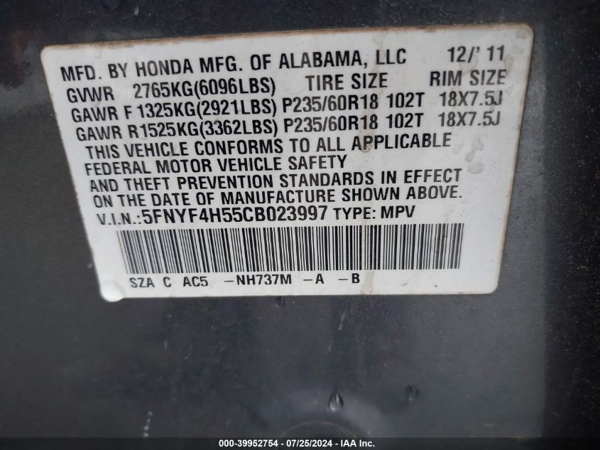 2012 Honda Pilot Ex-L VIN: 5FNYF4H55CB023997 Lot: 39952754