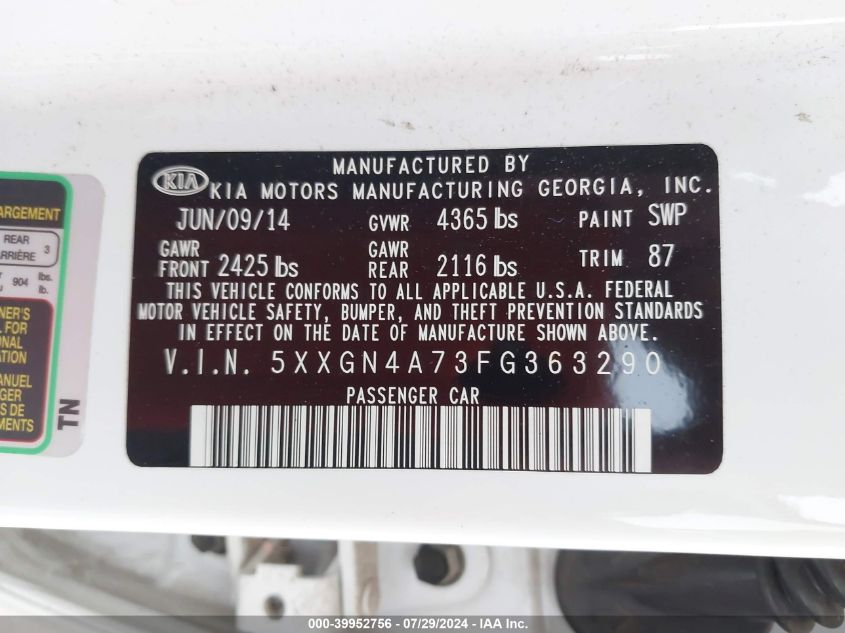 2015 Kia Optima Ex VIN: 5XXGN4A73FG363290 Lot: 39952756