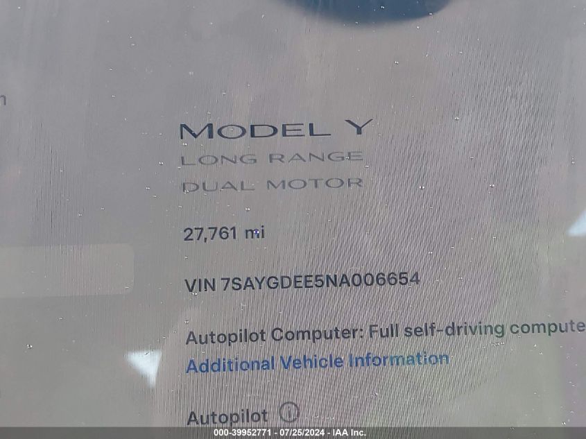 2022 Tesla Model Y Long Range Dual Motor All-Wheel Drive VIN: 7SAYGDEE5NA006654 Lot: 39952771