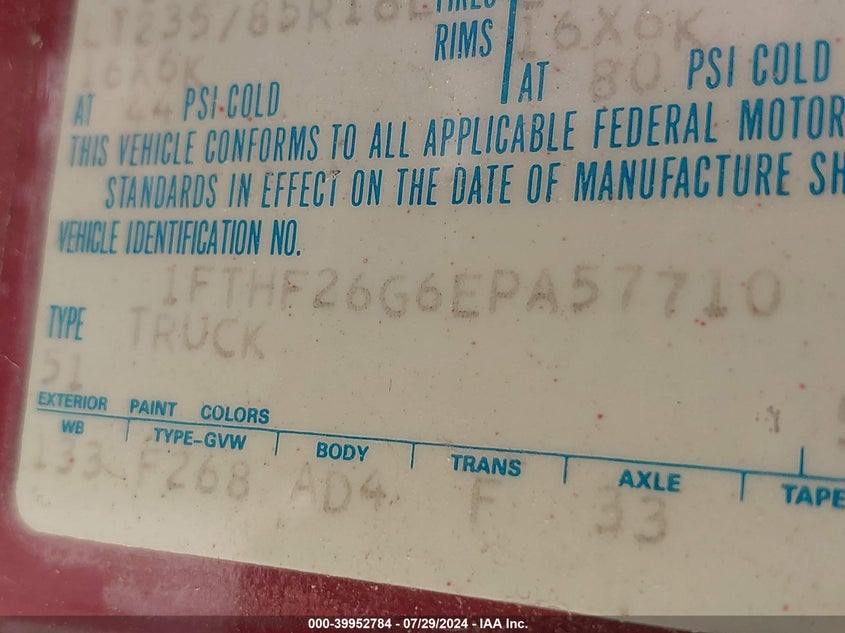 1984 Ford F250 VIN: 1FTHF26G6EPA57710 Lot: 39952784