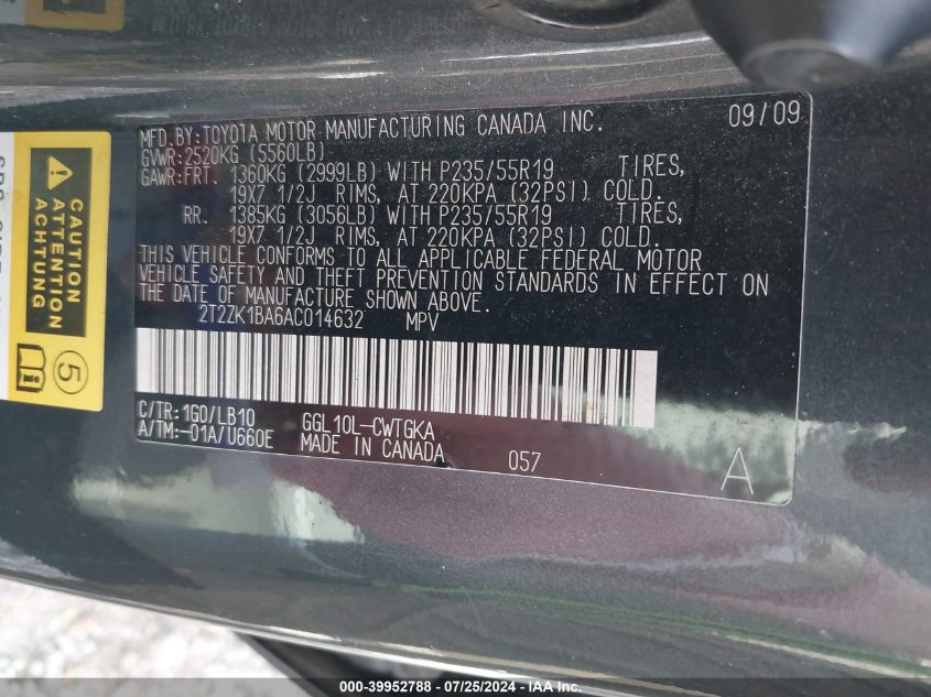 2010 Lexus Rx 350 VIN: 2T2ZK1BA6AC014632 Lot: 39952788