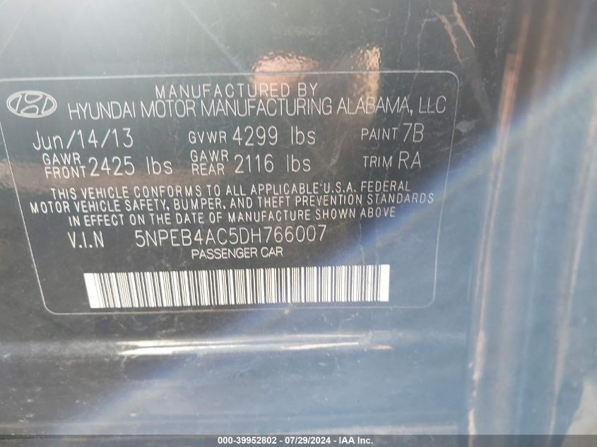 2013 Hyundai Sonata Gls VIN: 5NPEB4AC5DH766007 Lot: 39952802