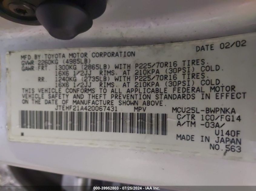 2002 Toyota Highlander Limited V6/V6 VIN: JTEHF21A420067431 Lot: 39952803