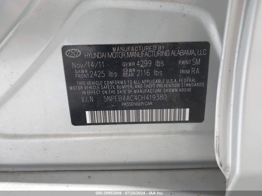 2012 Hyundai Sonata Gls VIN: 5NPEB4AC4CH419380 Lot: 39952809