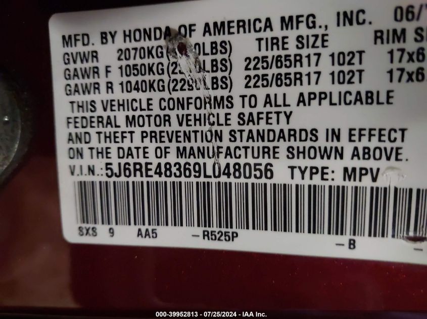 2009 Honda Cr-V Lx VIN: 5J6RE48369L048056 Lot: 39952813