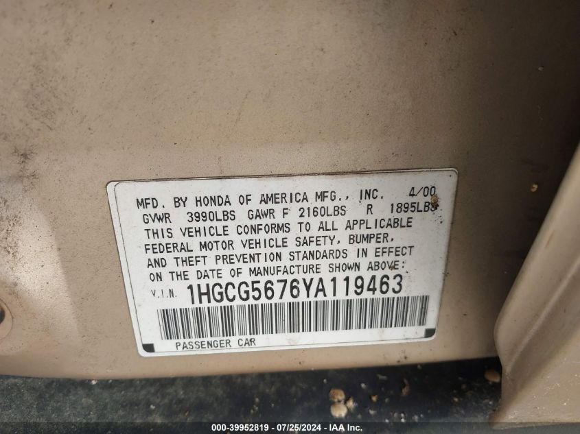 2000 Honda Accord 2.3 Se VIN: 1HGCG5676YA119463 Lot: 39952819