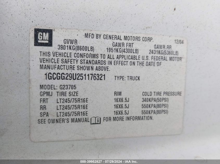 2005 Chevrolet Express VIN: 1GCGG29U251176321 Lot: 39952827