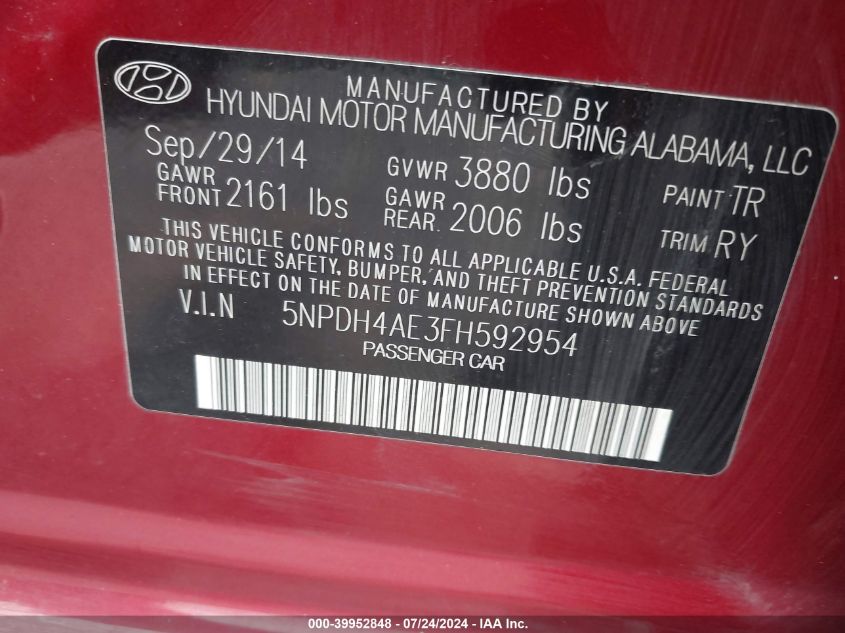 5NPDH4AE3FH592954 | 2015 HYUNDAI ELANTRA