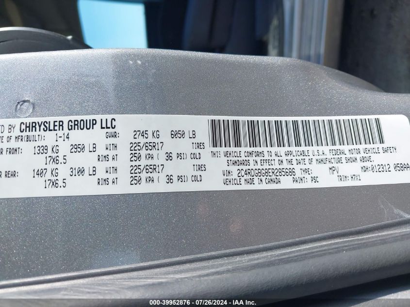 2014 Dodge Grand Caravan Se VIN: 2C4RDGBG8ER285686 Lot: 39952876