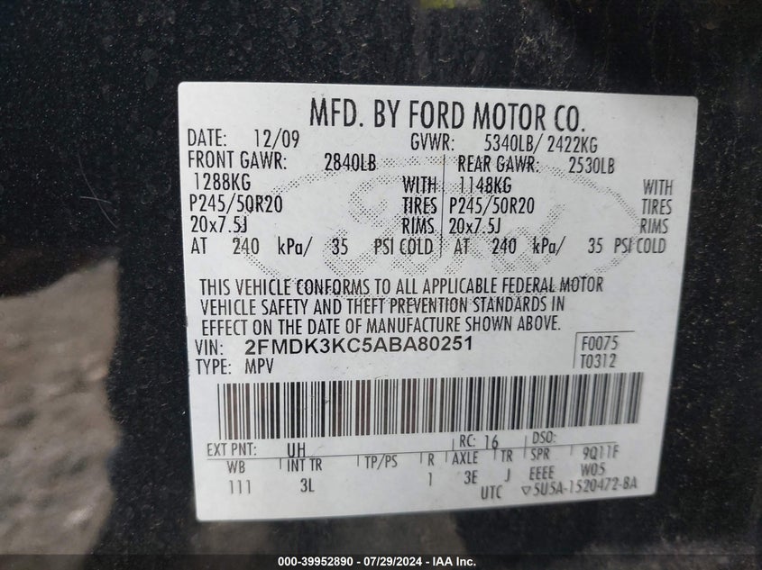 2010 Ford Edge Limited VIN: 2FMDK3KC5ABA80251 Lot: 39952890