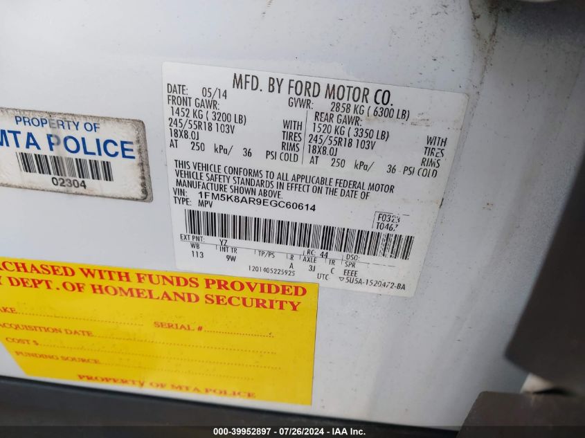 2014 Ford Explorer Police Interceptor VIN: 1FM5K8AR9EGC60614 Lot: 39952897