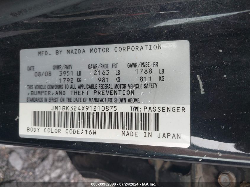 2009 Mazda Mazda3 S Sport VIN: JM1BK324X91210875 Lot: 39952898