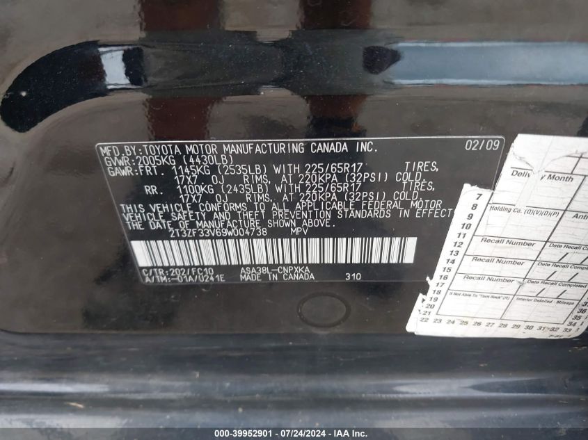 2009 Toyota Rav4 VIN: 2T3ZF33V69W004738 Lot: 39952901