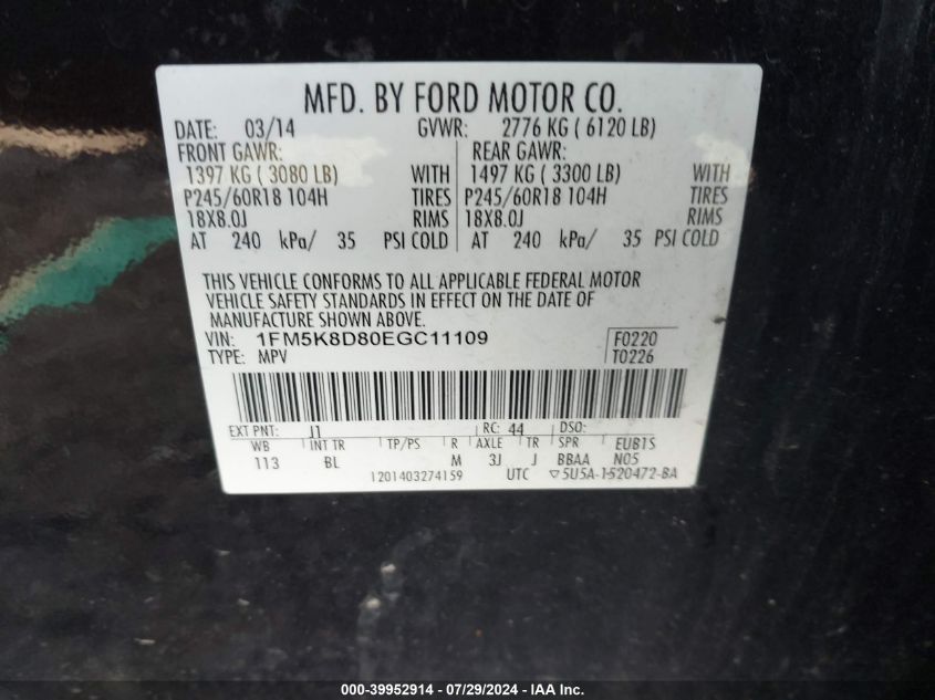 2014 Ford Explorer Xlt VIN: 1FM5K8D80EGC11109 Lot: 39952914