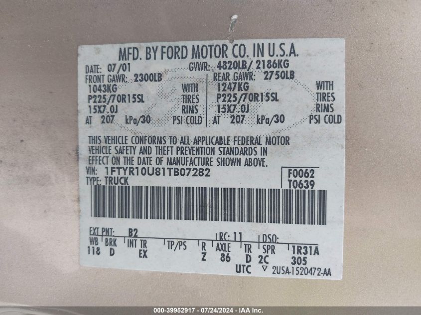 2001 Ford Ranger Edge/Xl/Xlt VIN: 1FTYR10U81TB07282 Lot: 39952917