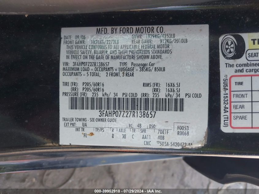 2007 Ford Fusion Se VIN: 3FAHP07Z27R138657 Lot: 39952918