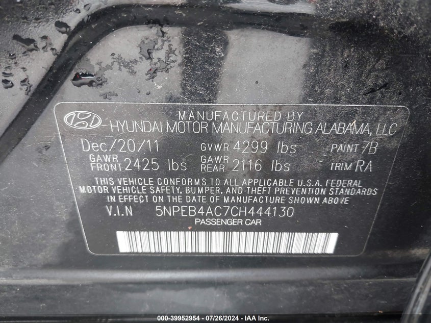 2012 Hyundai Sonata Gls VIN: 5NPEB4AC7CH444130 Lot: 39952954