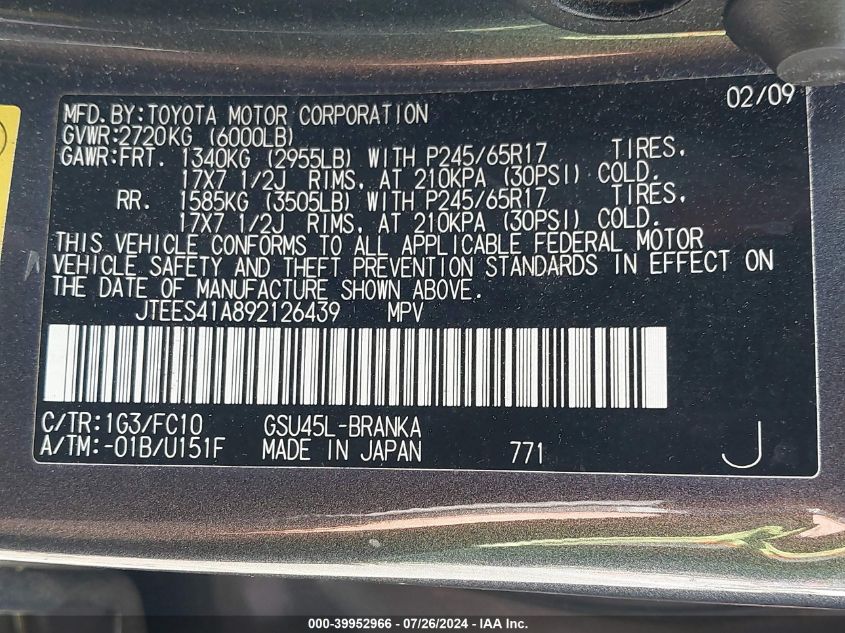 2009 Toyota Highlander VIN: JTEES41A892126439 Lot: 39952966