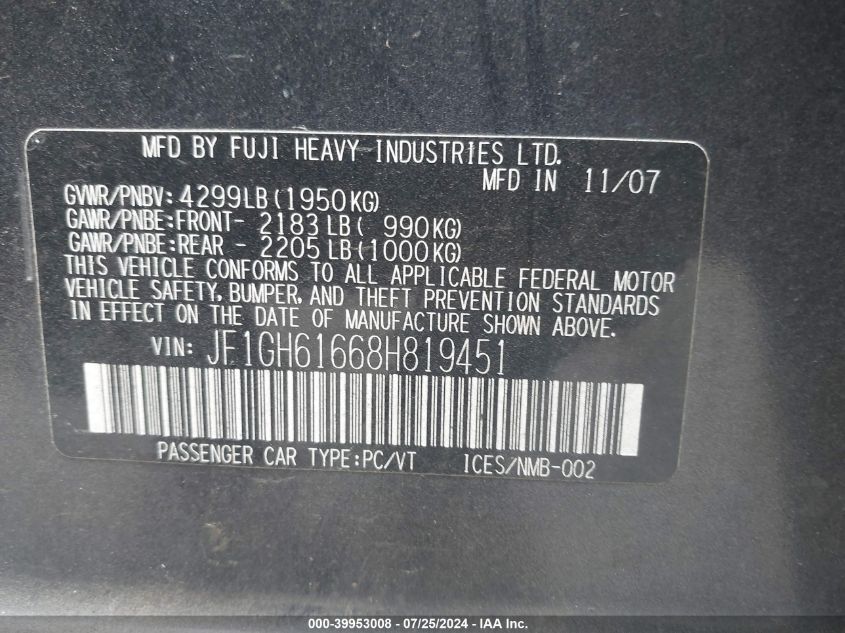 2008 Subaru Impreza 2.5I VIN: JF1GH61668H819451 Lot: 39953008