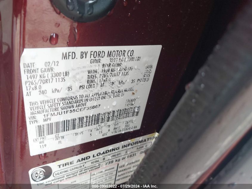 2012 Ford Expedition Xl VIN: 1FMJU1F55CEF35667 Lot: 39953022