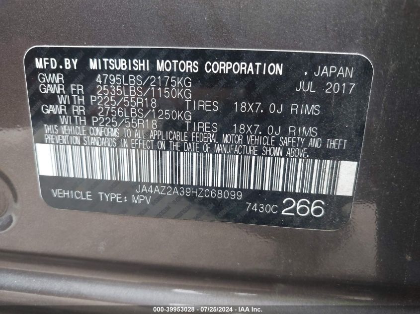 2017 Mitsubishi Outlander Es VIN: JA4AZ2A39HZ068099 Lot: 39953028