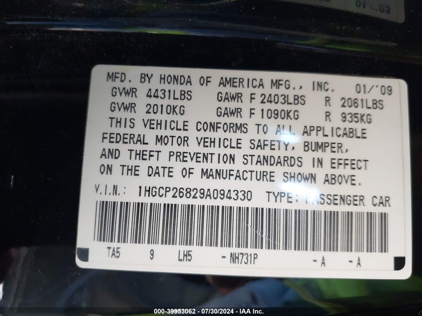 2009 Honda Accord 2.4 Ex-L VIN: 1HGCP26829A094330 Lot: 39953062